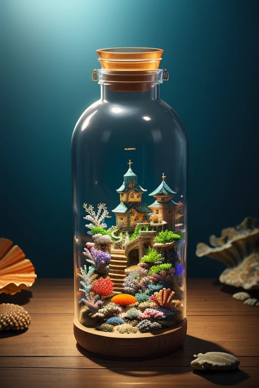 Thick glass, weathered, atmospheric oliva lighting, 파도에 휩쓸려가는 bottle들, 8K UHD, dark resonance, extremely highly detailed, Vivid colors, Epic composition, Octane rendering, Sharp focus, detailed, Complicate, (reflection, refraction, caustic: 0.6), (high resolution isometric), 16 k, masutepiece,Best Quality,(castle town, majestic castle, bottle에 갇혀:1.3),high realism,유리bottle에,bottle,(sea background、reefs,바다 밑바닥으로 가라앉는 유리bottle:1.5)、Rocky reefs
