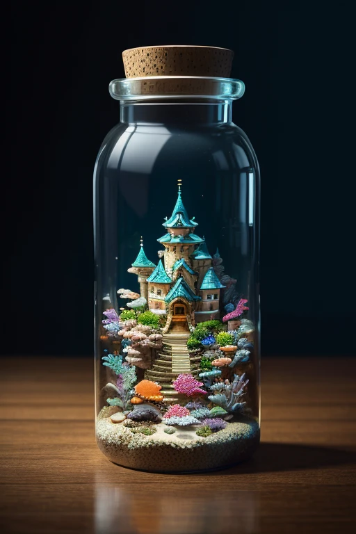 Thick glass, weathered, atmospheric oliva lighting, 파도에 휩쓸려가는 bottle들, 8K UHD, dark resonance, extremely highly detailed, Vivid colors, Epic composition, Octane rendering, Sharp focus, detailed, Complicate, (reflection, refraction, caustic: 0.6), (high resolution isometric), 16 k, masutepiece,Best Quality,(castle town, majestic castle, bottle에 갇혀:1.3),high realism,유리bottle에,bottle,(sea background、reefs,바다 밑바닥으로 가라앉는 유리bottle:1.5)、Rocky reefs