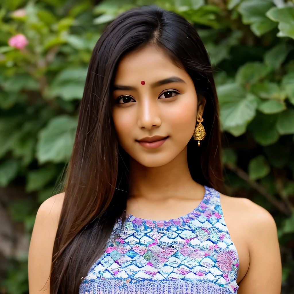 Create an image of a Nepali female model in an elegant pose. She has a wheatish skin tone, representing the common complexion found in Nepal. Her hair is long, dark brown, and fades into lighter brown towards the ends, styled in a way that elegantly frames her face. The model's pose should be graceful and confident, showcasing a blend of traditional Nepali elegance and contemporary fashion sensibilities. Her facial expression is serene and confident, with her eyes gazing softly towards the camera, conveying a sense of depth and thoughtfulness. She is wearing a modern outfit that subtly incorporates elements of traditional Nepali design, highlighting the fusion of cultures. The background is minimalistic, ensuring the focus is on her pose, facial expression, and the unique features of her appearance, such as her striking wheatish complexion and the beautiful gradation of her hair.