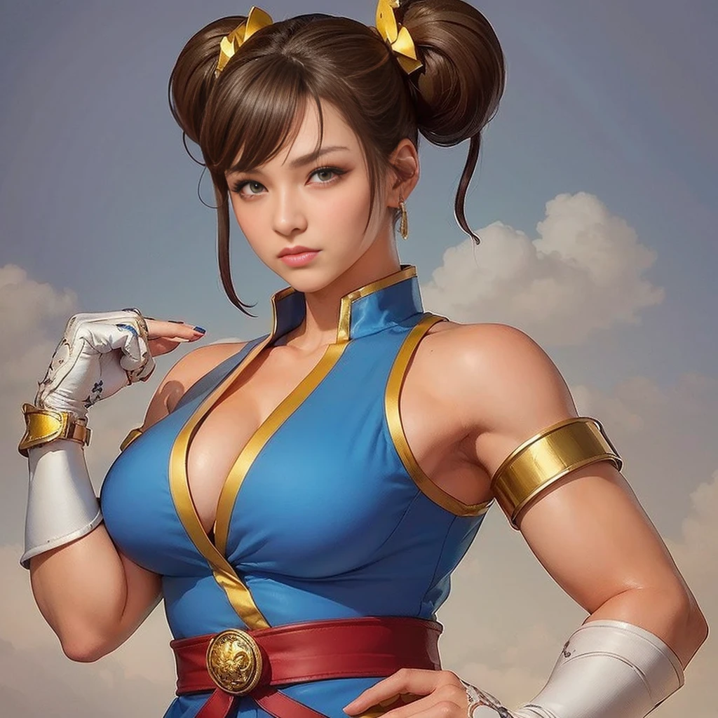 Chun Li, "rosto delicado, olhos verdes bem claros, bochechas rosadas, blonde hair, vestido floral, campo ensolarado, oil painting, ultra-detalhado, vivid colors, soft lighting, fotorrealista", cabelo com pontas vermelhas