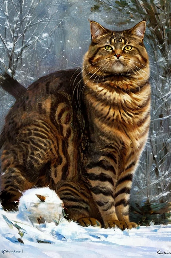 ((masterpiece)) ((best quality)) portrait of a cat on a snow background, in style Ivan Kosmich Makarov