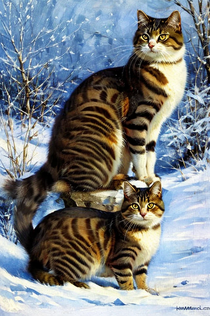 ((masterpiece)) ((best quality)) portrait of a cat on a snow background, in style Ivan Kosmich Makarov