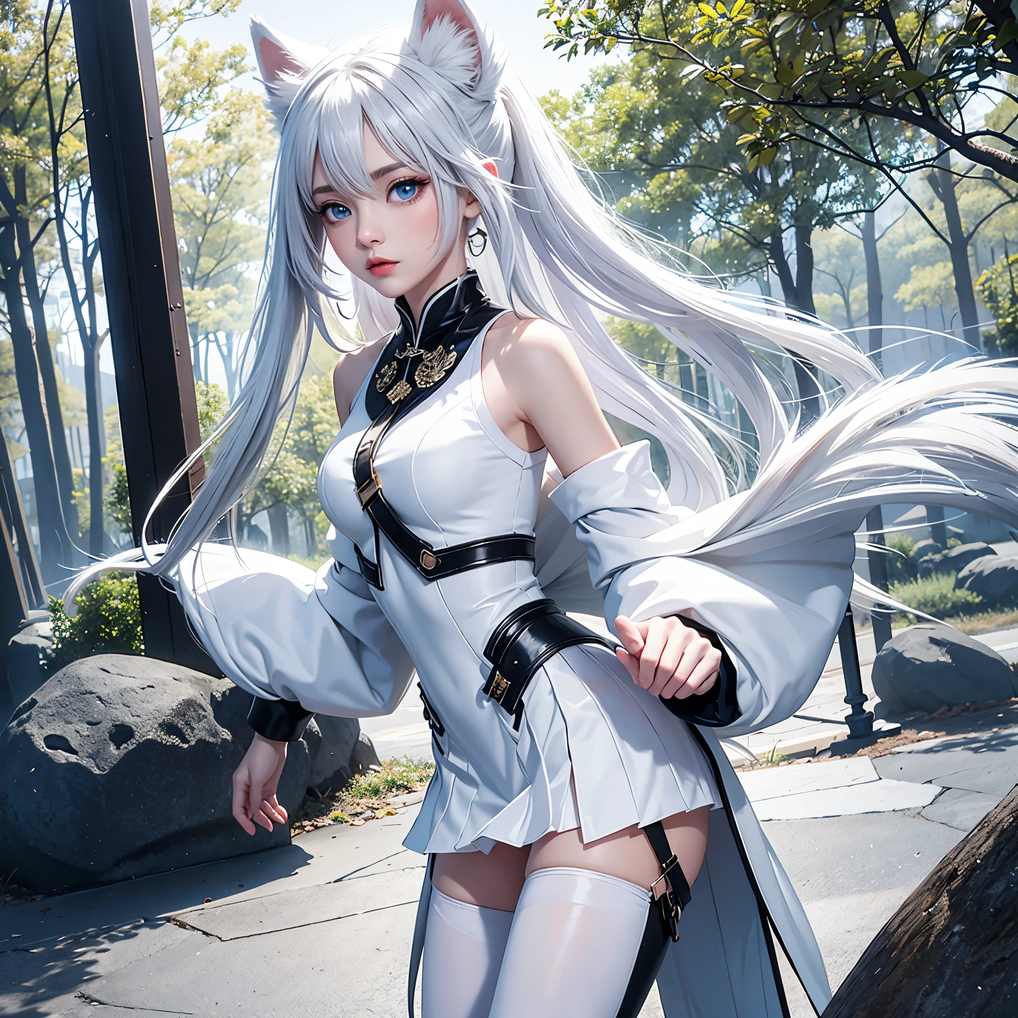 8k, resolution, high quality, high resolution, best quality, best resolution, absurd resolution, ray tracing, high detailed, masterpiece, extremely detailed,shoulder length white hair, female,white 2 wolf ears, teenage girl, slim body, white scale dragon tail,black boots,black leggings, school skirt, white jacket, medium size chest, detailed blue eyes, detailed beautiful face,solo female,1 dragon tail, detailed eyes