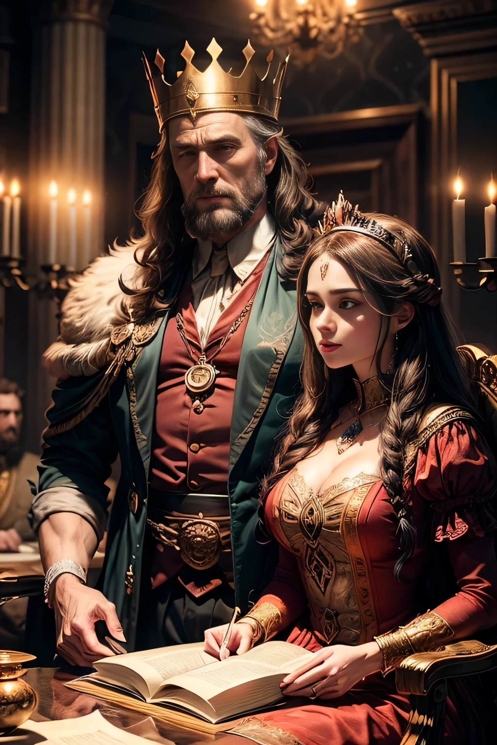 Uma imagem que destaca o casal Rei Acabe e Rainha Jezabel, emphasizing effective policies, mas espiritualmente decadentes, ultra detalhado, ultra detalhado background, 8k