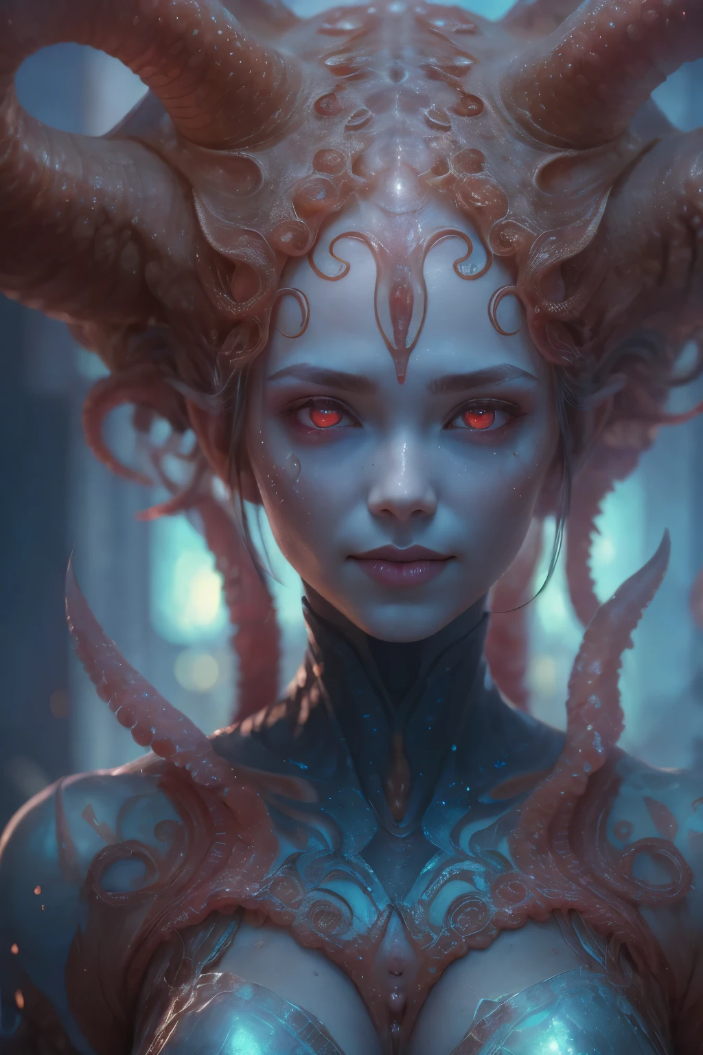 Portrait, (beautiful female alien:1.2), (she has red eyes with no pupils:1.8), (Translucent skin:1.7), (There is a female genital-like organ in the middle of the forehead:1.9), (The most beautiful face in the history of the universe:1.2),an evil gaze that seduces, (large mouth:1.1), (sharp teeth like a vampire:1.2), Full body like, (bio luminescent:1.5), (Smile wickedly:1.3), (sexypose:1.5), alien, No humans, cells are fused, (Lots of translucent tentacles:1.3) extraterrestrial, cell, bio image, Best Quality, 8K,4K_quality, High Definition, Dramatic Lighting, masutepiece:1.5,cinematic quality, detail up, (Intricate details:1.2), High resolution, High Definition, drawing faithfully, (Thick eyebrows:1.2), Beautiful eyes with fine symmetry,(Highly detailed face and eyes:1.2), Intimate face, (Super detailed skin quality feeling:1.4), Perfect Anatomy, (Beautiful toned body:1.5), (Moist skin:1.2), No makeup, (dark circles:1.1), long canines, cinematic drawing of characters, ultra high quality model, cinematic quality, detail up, (Intricate details:1.2), High resolution, High Definition, drawing faithfully, Official art, Unity 8K wall , 8K Portrait, Best Quality, Very High resolution, ultra detailed artistic photography, midnight aura, unreal enginee 5, Ultra Sharp Focus, art by alberto seveso, ArtGerm, Roisch, intricate artwork, best quality, masutepiece, ultra High resolution, (photos realistic:1.4), Ultra-realistic realism, dream-like, nautilus, Creation of fantasy, Snail, Dream Snail, biopunk nautilus, Thrilling color schemes, Ultra-realistic realism, seductively smiling, Blue tentacles,