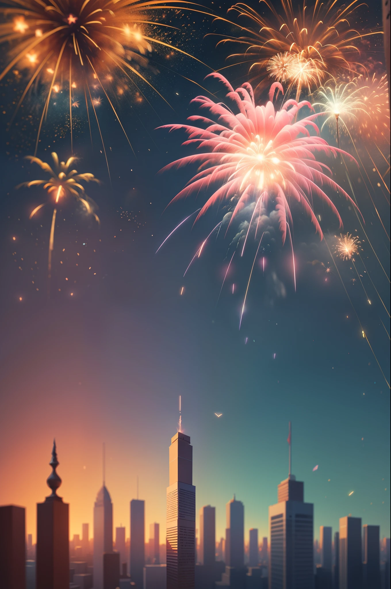 new year fireworks, magic, fantasy, pastel colors aesthetic, digital art, city --auto --s2
