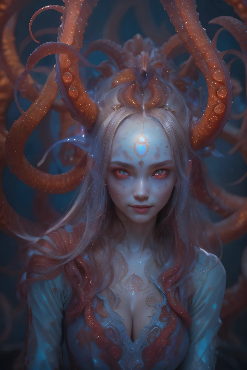 Portrait, (beautiful female alien:1.2), (she has red eyes with no pupils:1.8), (Translucent skin:1.7), (There is a female genital-like organ in the middle of the forehead:1.9), (The most beautiful face in the history of the universe:1.2),an evil gaze that seduces, (large mouth:1.1), (sharp teeth like a vampire:1.2), Full body like, (bio luminescent:1.5), (Smile wickedly:1.3), (sexypose:1.5), alien, No humans, cells are fused, (Lots of translucent tentacles:1.3) extraterrestrial, cell, bio image, Best Quality, 8K,4K_quality, High Definition, Dramatic Lighting, masutepiece:1.5,cinematic quality, detail up, (Intricate details:1.2), High resolution, High Definition, drawing faithfully, (Thick eyebrows:1.2), Beautiful eyes with fine symmetry,(Highly detailed face and eyes:1.2), Intimate face, (Super detailed skin quality feeling:1.4), Perfect Anatomy, (Beautiful toned body:1.5), (Moist skin:1.2), No makeup, (dark circles:1.1), long canines, cinematic drawing of characters, ultra high quality model, cinematic quality, detail up, (Intricate details:1.2), High resolution, High Definition, drawing faithfully, Official art, Unity 8K wall , 8K Portrait, Best Quality, Very High resolution, ultra detailed artistic photography, midnight aura, unreal enginee 5, Ultra Sharp Focus, art by alberto seveso, ArtGerm, Roisch, intricate artwork, best quality, masutepiece, ultra High resolution, (photos realistic:1.4), Ultra-realistic realism, dream-like, nautilus, Creation of fantasy, Snail, Dream Snail, biopunk nautilus, Thrilling color schemes, Ultra-realistic realism, seductively smiling, Blue tentacles,