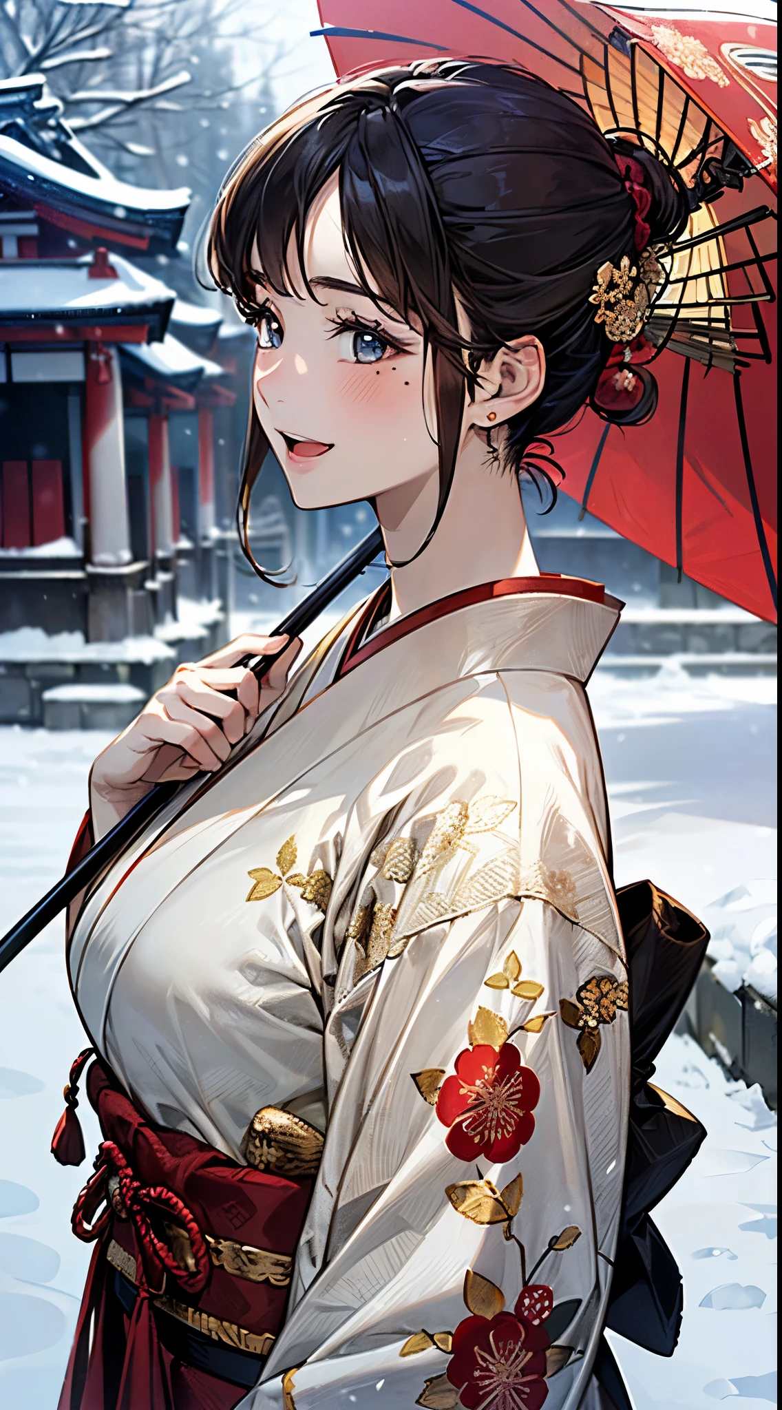 ((perfect anatomy, anatomically correct, super detailed skin)),
1 girl, japanese, , shiny skin, large breasts:0.5, looking up, watching the view, front view,
beautiful hair, beautiful face, beautiful detailed eyes, (middle hair:1.5, half updo:1.7), blown hair, blue eyes, babyface, mole under eye,
(((traditional japanese clothing:1.2, (red fabric), fwith an intricate flower pattern:1.3, with gold embroidery:1.2, muffler, luxurious hair ornament))),
((smile:1.5, open mouth)), standing, walking, holding an umbrella,
(beautiful scenery), winter, dawn, (new year's day, first visit), hokkaido, sapporo, outside shrine, crowd, snow, snowfall:1.5, freezing weather, frost,
(8k, top-quality, masterpiece:1.2, extremely detailed), (photorealistic:1.2), sunlight, beautiful art, visual art, depth of fields, natural lighting,
