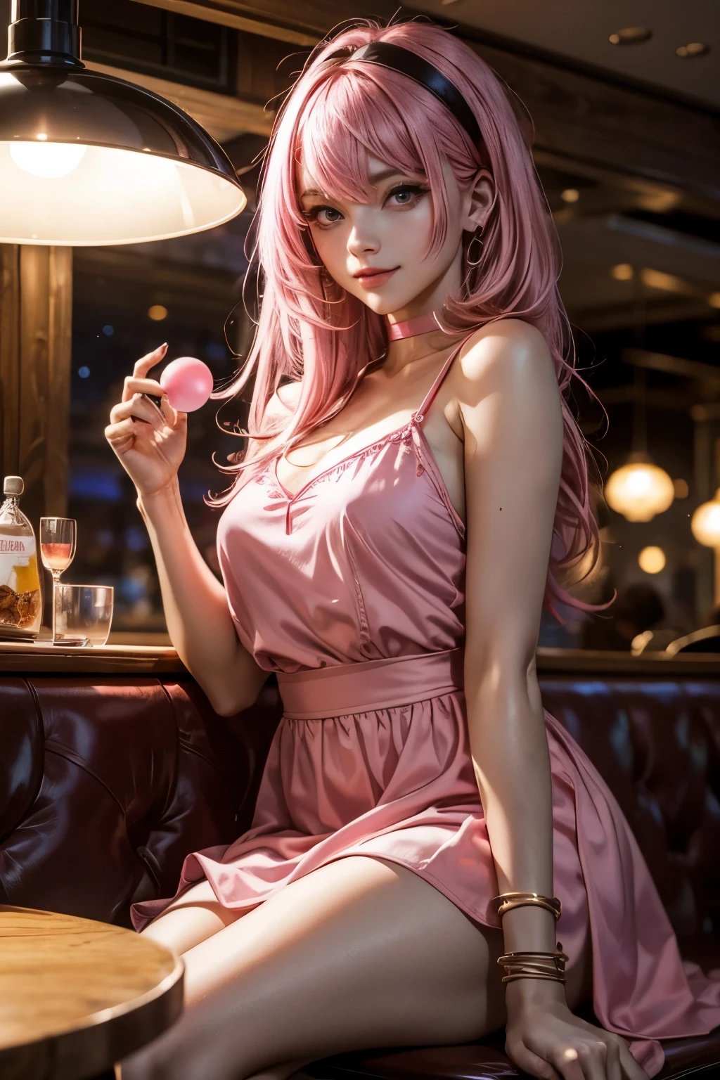 (1Girl, Russian, Beautiful, smiling, evil, bully, 18yo, ((Messy bubblegum pink hair)), (pink perfects eyes), ((wearing a beutiful and modern red dress))), ((In a restaurant at night)),