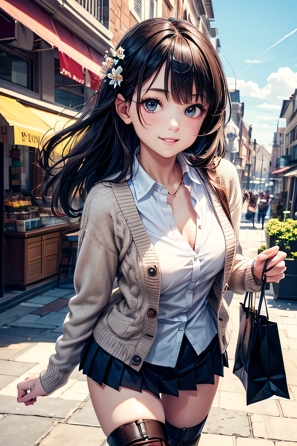 Very cute and beautiful girl,Teen,(very detailed beautiful face and eyes:1.2),(White blouse),
(Smile),Cowboy Shot,Looking at Viewer,
(Beige cardigan:1.2) Break Zettai Ryoki,Brown shoulder bag,(Brown boots:1.2),
Dynamic Pose,Dynamic Angle,Hair Ornament,Black hair,(pleated black mini skirt:1.2),shopping street,cafe terrace,Flower Shop,
(Best Quality,masutepiece:1.2),Intricate details,Extremely detailed,8K resolution,Solo,Natural lighting,
Hair fluttering in the wind,Beautiful detailed sky,