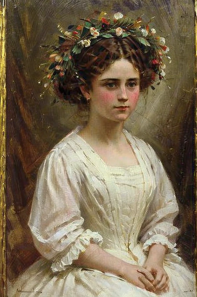((masterpiece)) ((best quality)) portrait of a girl with a wreath on her head in the Victorian style