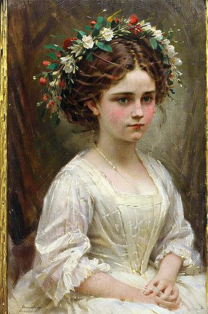 ((masterpiece)) ((best quality)) portrait of a girl with a wreath on her head in the Victorian style