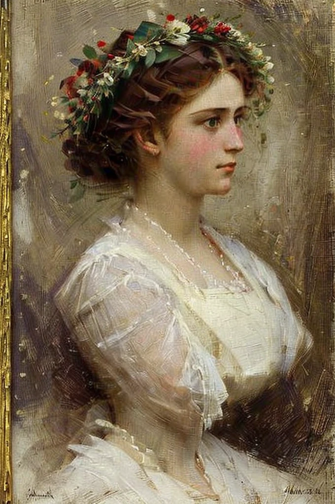 ((masterpiece)) ((best quality)) portrait of a girl with a wreath on her head in the Victorian style