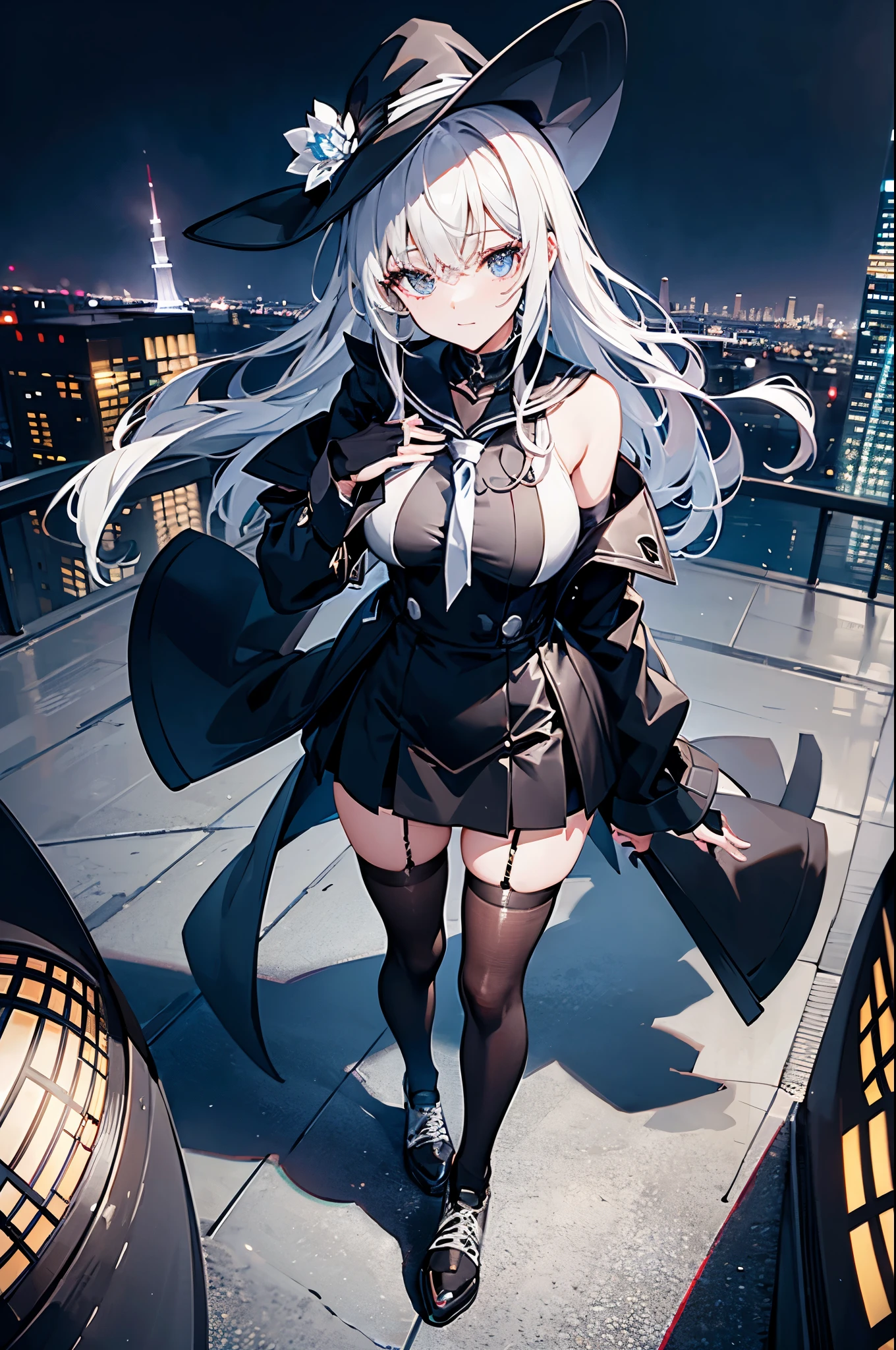 This is the rooftop of the tallest building in Tokyo.、You can look down on the city buildings from here.、It's night now、Woman wearing a large black witch hat with sapphire accessories、wearing a long black coat、She wears a sailor suit、she is wearing a checked skirt、knee-length black stockings、black running shoes with white laces、Short, pure white loose lob hair、small tits