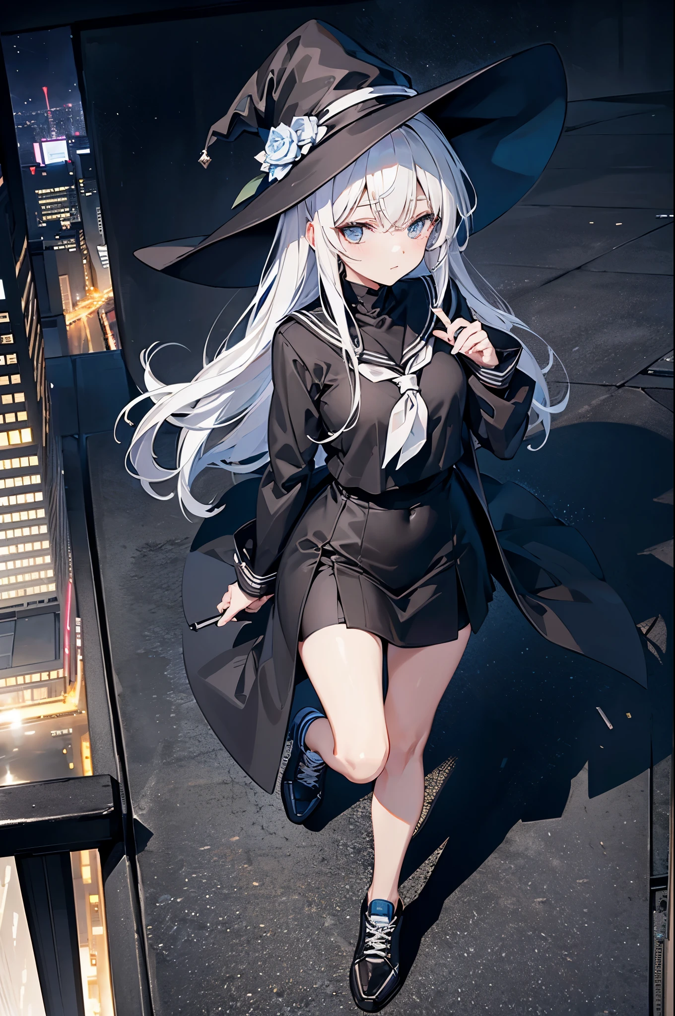 This is the rooftop of the tallest building in Tokyo.、You can look down on the city buildings from here.、It's night now、Woman wearing a large black witch hat with sapphire accessories、wearing a long black coat、She wears a sailor suit、she is wearing a checked skirt、knee-length black stockings、black running shoes with white laces、Short, pure white loose lob hair、small tits