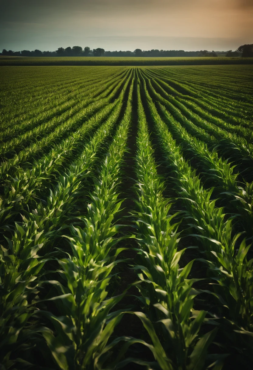a wide-angle shot of a vast cornfield, showcasing the rows of tall, vibrant green stalks as they stretch into the distance