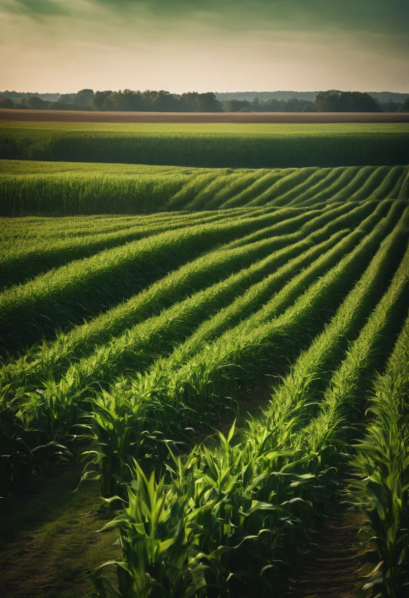 a wide-angle shot of a vast cornfield, showcasing the rows of tall, vibrant green stalks as they stretch into the distance
