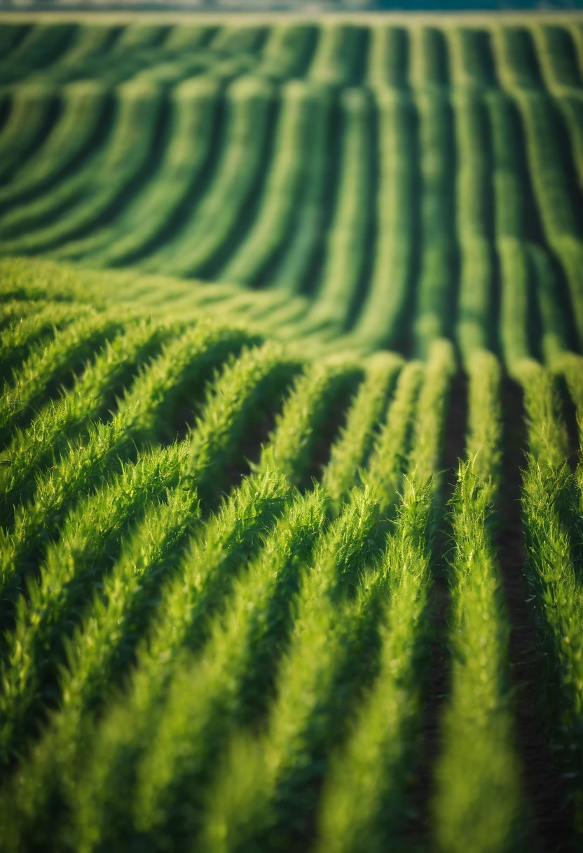 a wide-angle shot of a vast cornfield, showcasing the rows of tall, vibrant green stalks as they stretch into the distance