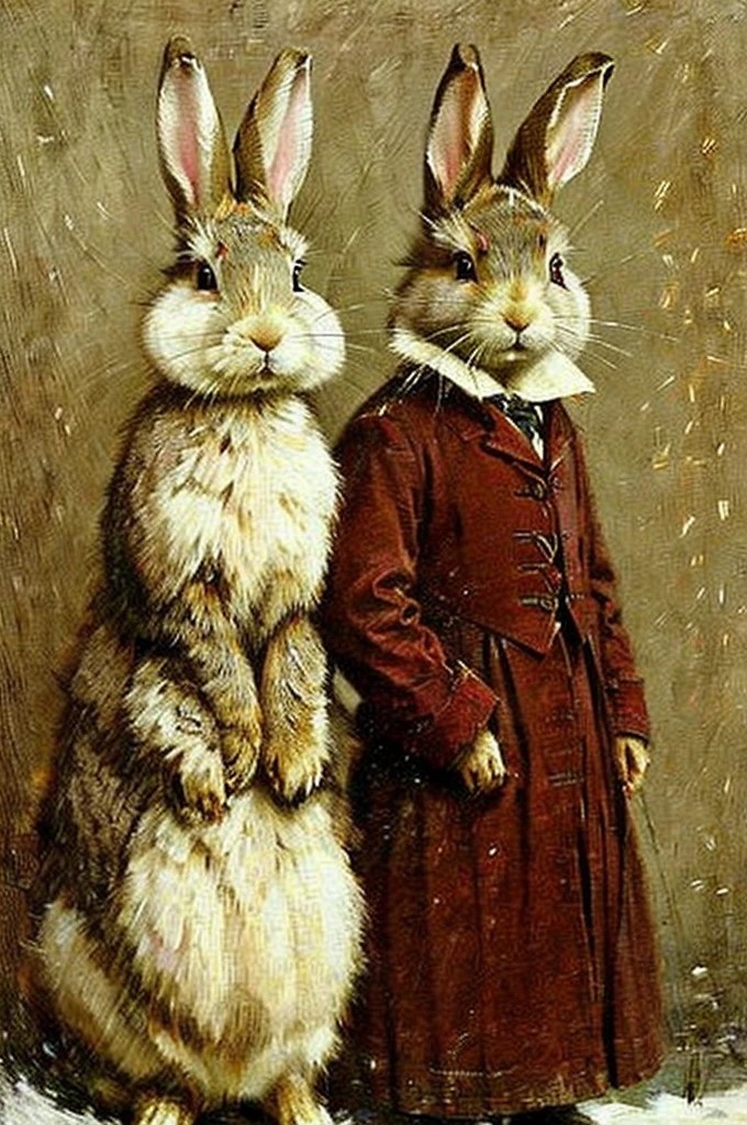 ((masterpiece)) ((best quality)) portrait of a rabbit on a snow background in Victorian style