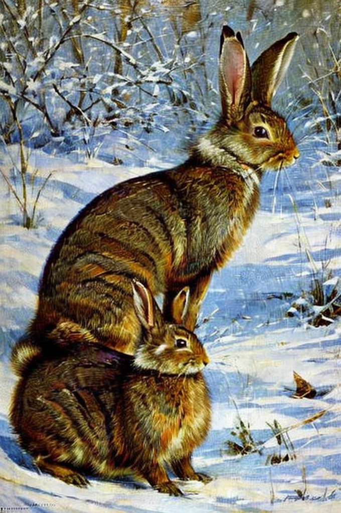 ((masterpiece)) ((best quality)) portrait of a rabbit on a snow background in Victorian style