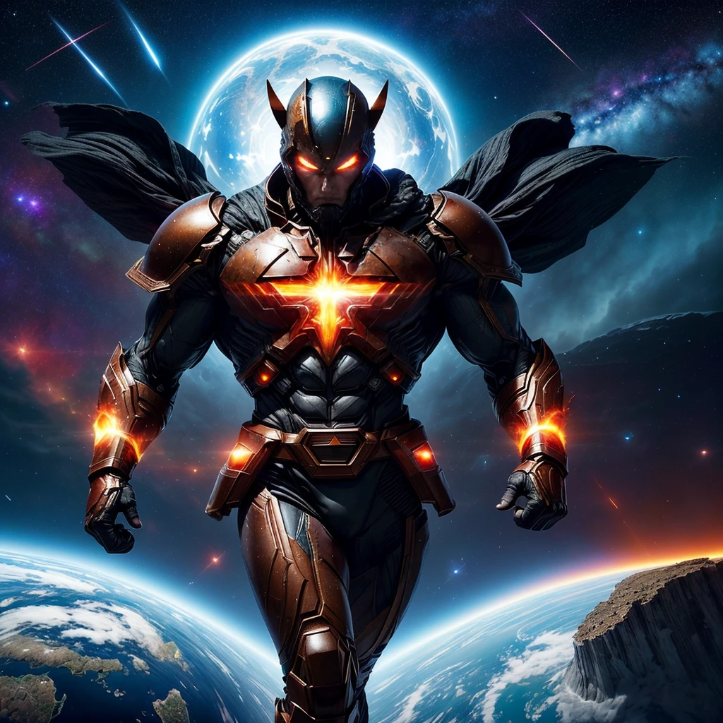 Omni-Man hovers in the vast emptiness of space, his imposing figure silhouetted against the remnants of a shattered planet. Fiery debris and dust particles swirl around him, remnants of the catastrophic destruction he unleashed. His crimson eyes, cold and indifferent, reflect the inferno he wrought upon the once vibrant world. The charred remains of continents and oceans sprawl beneath him, a haunting testimony to his overwhelming power. Omni-Man's stoic expression betrays no emotion as he surveys the desolation, a cosmic conqueror indifferent to the cosmic graveyard he now commands.