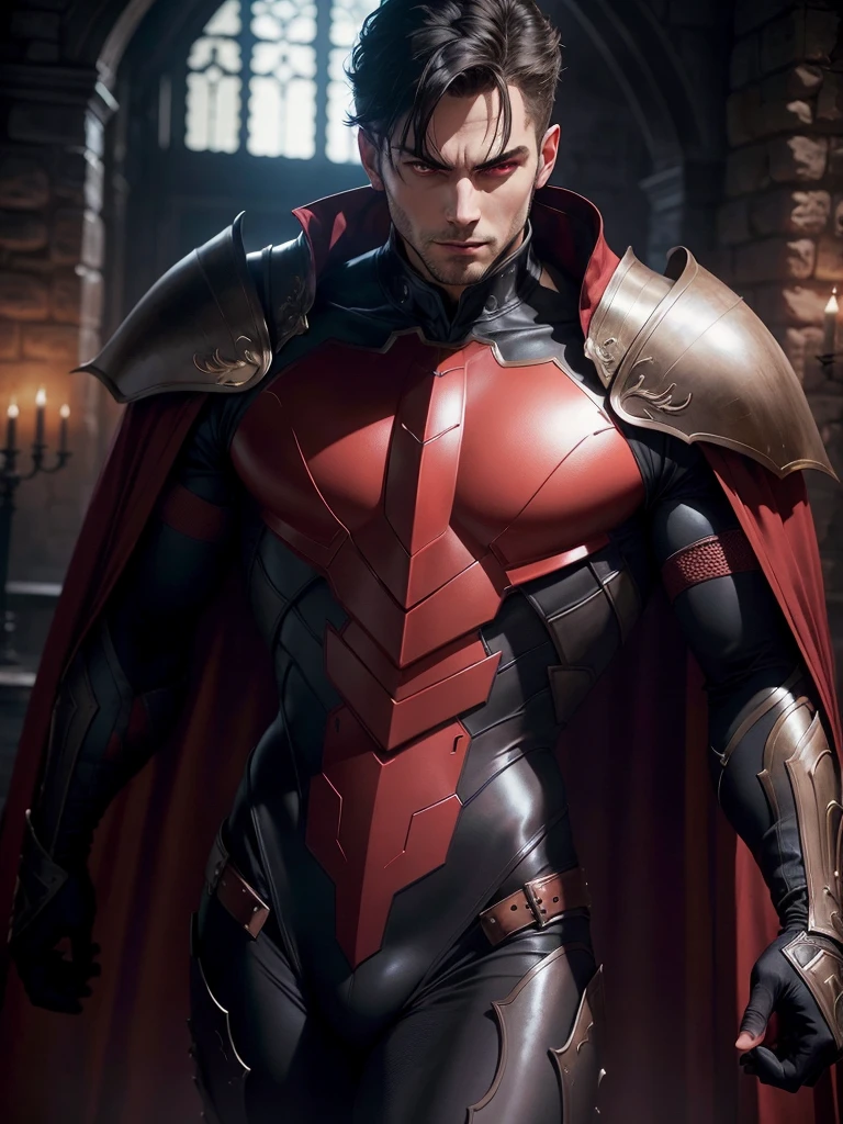 Make a male version of the Scarlet Witch with Henry Cavill features, wearing a red sunga, cape and helmet based on the Marvel comics --auto