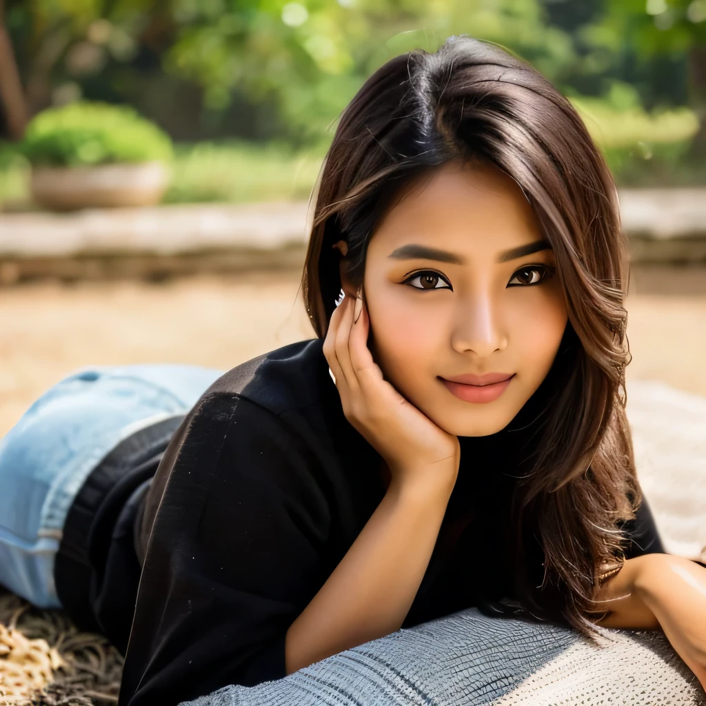 Create an image of a Nepali female model in an elegant pose. She has a wheatish skin tone, representing the common complexion found in Nepal. Her hair is long, dark brown, and fades into lighter brown towards the ends, styled in a way that elegantly frames her face. The model's pose should be graceful and confident, showcasing a blend of traditional Nepali elegance and contemporary fashion sensibilities. Her facial expression is serene and confident, with her eyes gazing softly towards the camera, conveying a sense of depth and thoughtfulness. She is wearing a modern outfit that subtly incorporates elements of traditional Nepali design, highlighting the fusion of cultures. The background is minimalistic, ensuring the focus is on her pose, facial expression, and the unique features of her appearance, such as her striking wheatish complexion and the beautiful gradation of her hair.