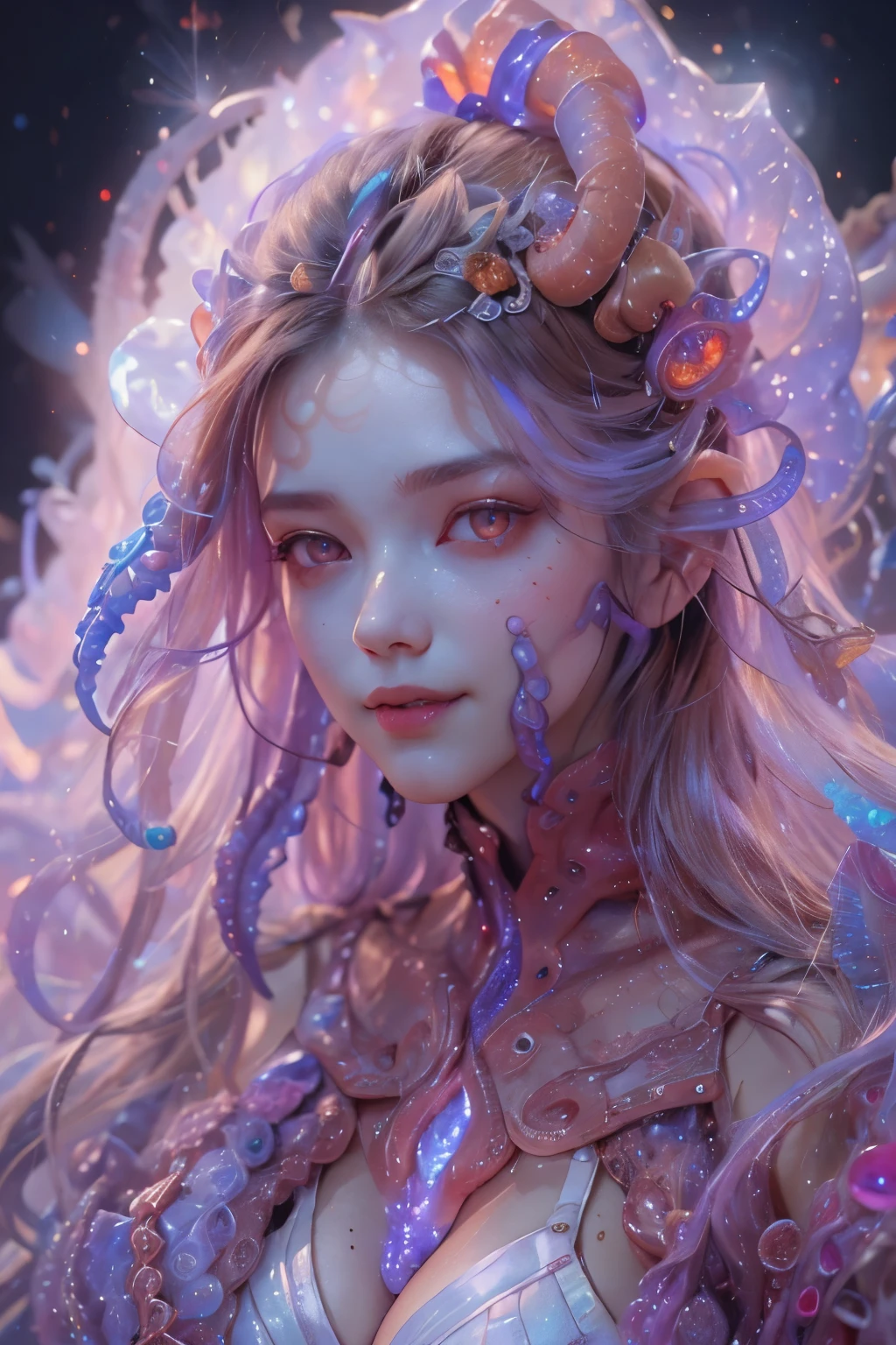 Portrait, (beautiful female alien:1.2), (she has red eyes with no pupils:1.8), (Translucent skin:1.7), (There is a female genital-like organ in the middle of the forehead:1.9), (The most beautiful face in the history of the universe:1.2),an evil gaze that seduces, (large mouth:1.1), (sharp teeth like a vampire:1.2), Full body like, (bio luminescent:1.5), (Smile wickedly:1.3), (sexypose:1.5), alien, No humans, cells are fused, (Lots of translucent tentacles:1.3) extraterrestrial, cell, bio image, Best Quality, 8K,4K_quality, High Definition, Dramatic Lighting, masutepiece:1.5,cinematic quality, detail up, (Intricate details:1.2), High resolution, High Definition, drawing faithfully, (Thick eyebrows:1.2), Beautiful eyes with fine symmetry,(Highly detailed face and eyes:1.2), Intimate face, (Super detailed skin quality feeling:1.4), Perfect Anatomy, (Beautiful toned body:1.5), (Moist skin:1.2), No makeup, (dark circles:1.1), long canines, cinematic drawing of characters, ultra high quality model, cinematic quality, detail up, (Intricate details:1.2), High resolution, High Definition, drawing faithfully, Official art, Unity 8K wall , 8K Portrait, Best Quality, Very High resolution, ultra detailed artistic photography, midnight aura, unreal enginee 5, Ultra Sharp Focus, art by alberto seveso, ArtGerm, Roisch, intricate artwork, best quality, masutepiece, ultra High resolution, (photos realistic:1.4), Ultra-realistic realism, dream-like, nautilus, Creation of fantasy, Snail, Dream Snail, biopunk nautilus, Thrilling color schemes, Ultra-realistic realism, seductively smiling, Blue tentacles,