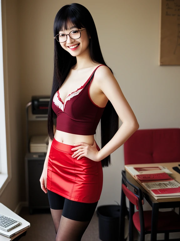 asian, glasses, small breasts, red bra, smile, sexy pencil skirt, tights, long straight hair, long legs