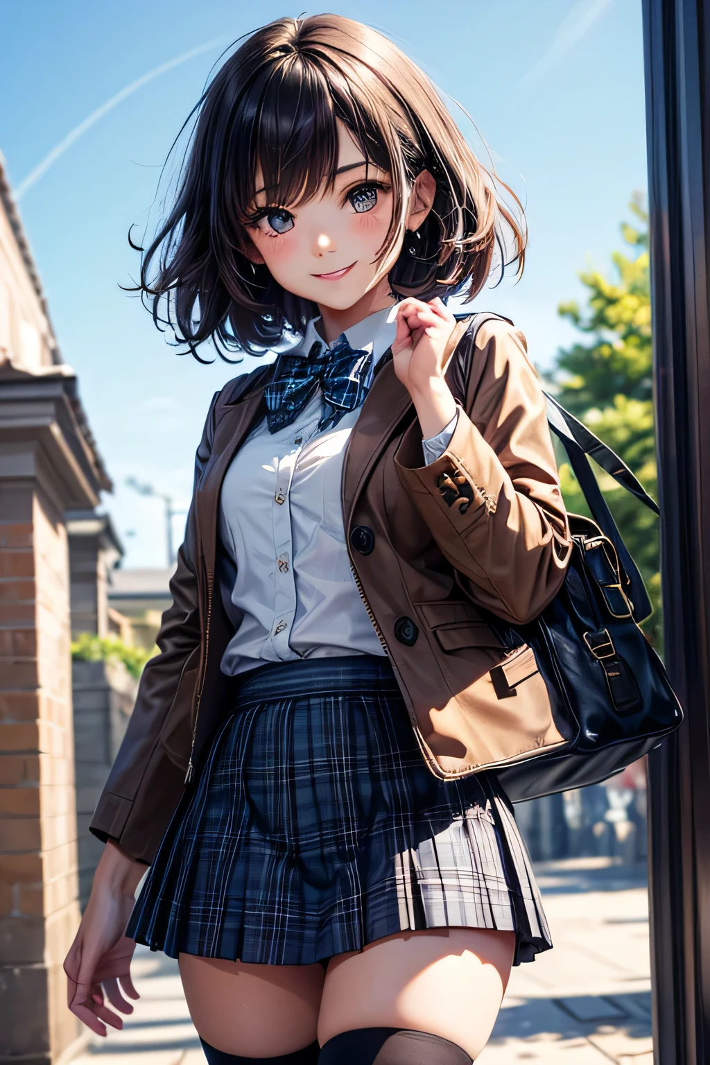 Very cute and beautiful girl,(very detailed beautiful face and eyes:1.2),(Smile),Cowboy Shot,
(Brown jacket:1.2),Collared shirt,Checkered bowtie BREAK Detailed legs,zettai ryouiki,Brown shoulder bag,
stylish pose,Dynamic Angle,hair pin,Black hair,(Blue plaid mini skirt:1.2),Stone Gate,matriculation,Multicolored rose flowers,
(Best Quality,masutepiece:1.2),(Intricate details:1.2),Extremely detailed,hight resolution,Solo,
Hair fluttering in the wind,Beautiful detailed sky,