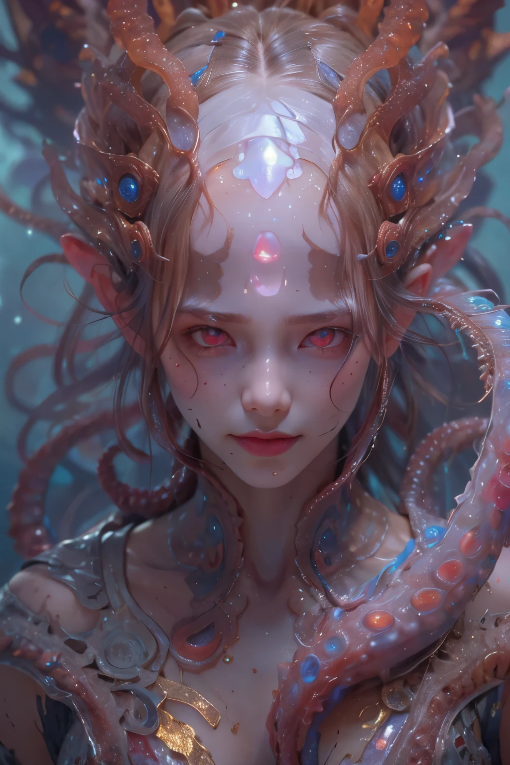 Portrait, (beautiful female alien:1.2), (she has red eyes with no pupils:1.8), (Translucent skin:1.7), (There is a female genital-like organ in the middle of the forehead:1.9), (The most beautiful face in the history of the universe:1.2),an evil gaze that seduces, (large mouth:1.1), (sharp teeth like a vampire:1.2), Full body like, (bio luminescent:1.5), (Smile wickedly:1.3), (sexypose:1.5), alien, No humans, cells are fused, (Lots of translucent tentacles:1.3) extraterrestrial, cell, bio image, Best Quality, 8K,4K_quality, High Definition, Dramatic Lighting, masutepiece:1.5,cinematic quality, detail up, (Intricate details:1.2), High resolution, High Definition, drawing faithfully, (Thick eyebrows:1.2), Beautiful eyes with fine symmetry,(Highly detailed face and eyes:1.2), Intimate face, (Super detailed skin quality feeling:1.4), Perfect Anatomy, (Beautiful toned body:1.5), (Moist skin:1.2), No makeup, (dark circles:1.1), long canines, cinematic drawing of characters, ultra high quality model, cinematic quality, detail up, (Intricate details:1.2), High resolution, High Definition, drawing faithfully, Official art, Unity 8K wall , 8K Portrait, Best Quality, Very High resolution, ultra detailed artistic photography, midnight aura, unreal enginee 5, Ultra Sharp Focus, art by alberto seveso, ArtGerm, Roisch, intricate artwork, best quality, masutepiece, ultra High resolution, (photos realistic:1.4), Ultra-realistic realism, dream-like, nautilus, Creation of fantasy, Snail, Dream Snail, biopunk nautilus, Thrilling color schemes, Ultra-realistic realism, seductively smiling, Blue tentacles,
