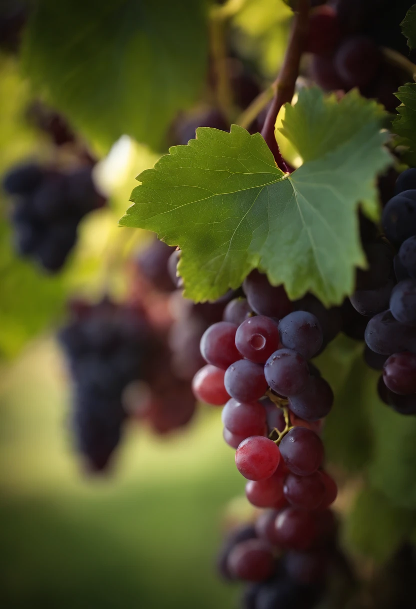 a close-up shot of a bunch of grapes, showcasing the plump, juicy berries and the delicate vine and stem