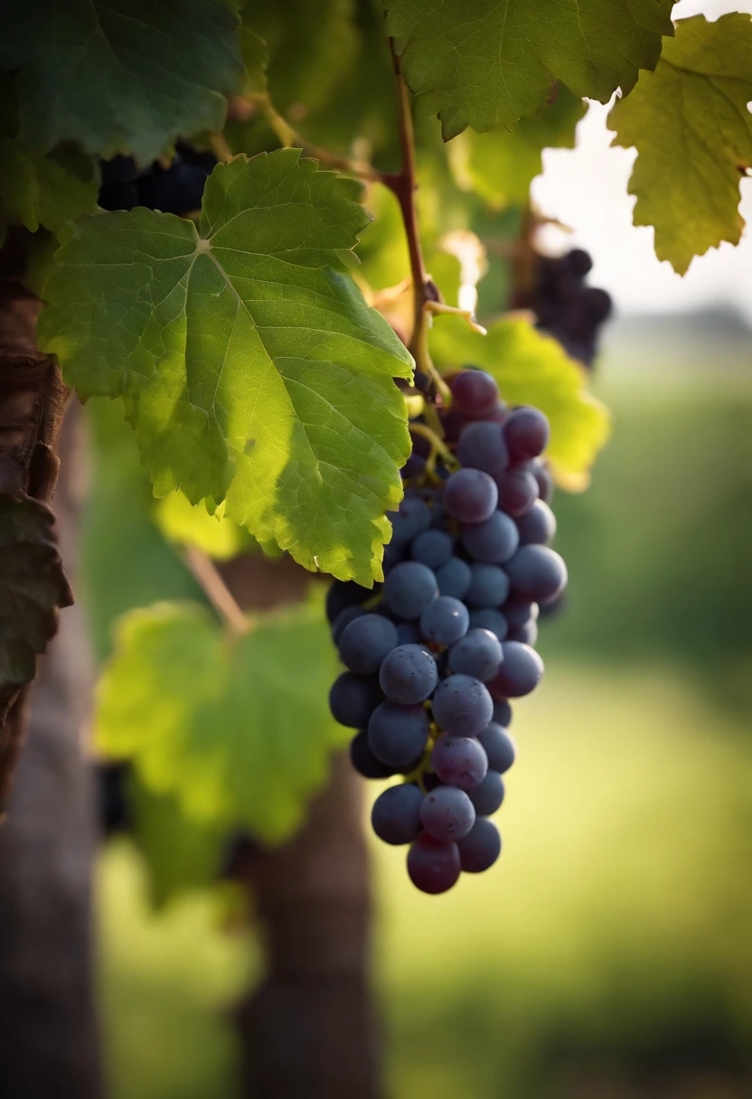 a close-up shot of a bunch of grapes, showcasing the plump, juicy berries and the delicate vine and stem