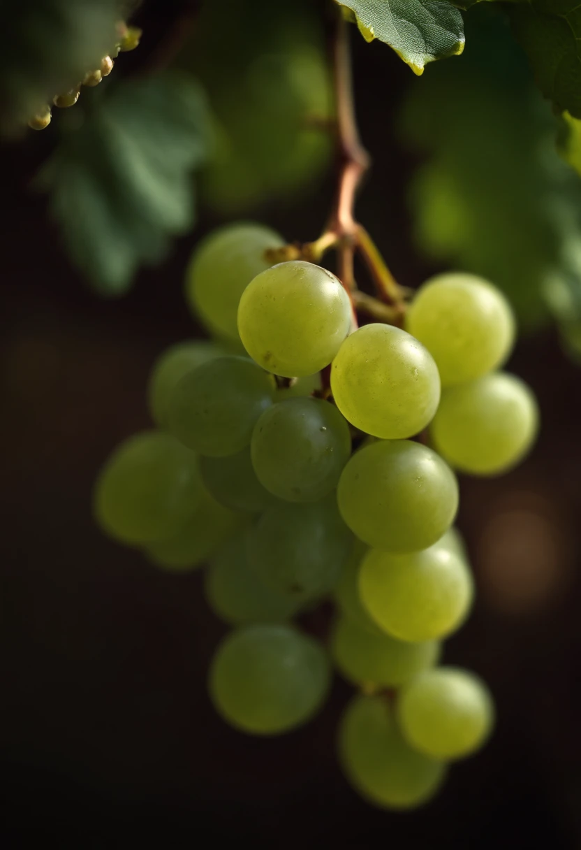 a close-up shot of a bunch of grapes, showcasing the plump, juicy berries and the delicate vine and stem