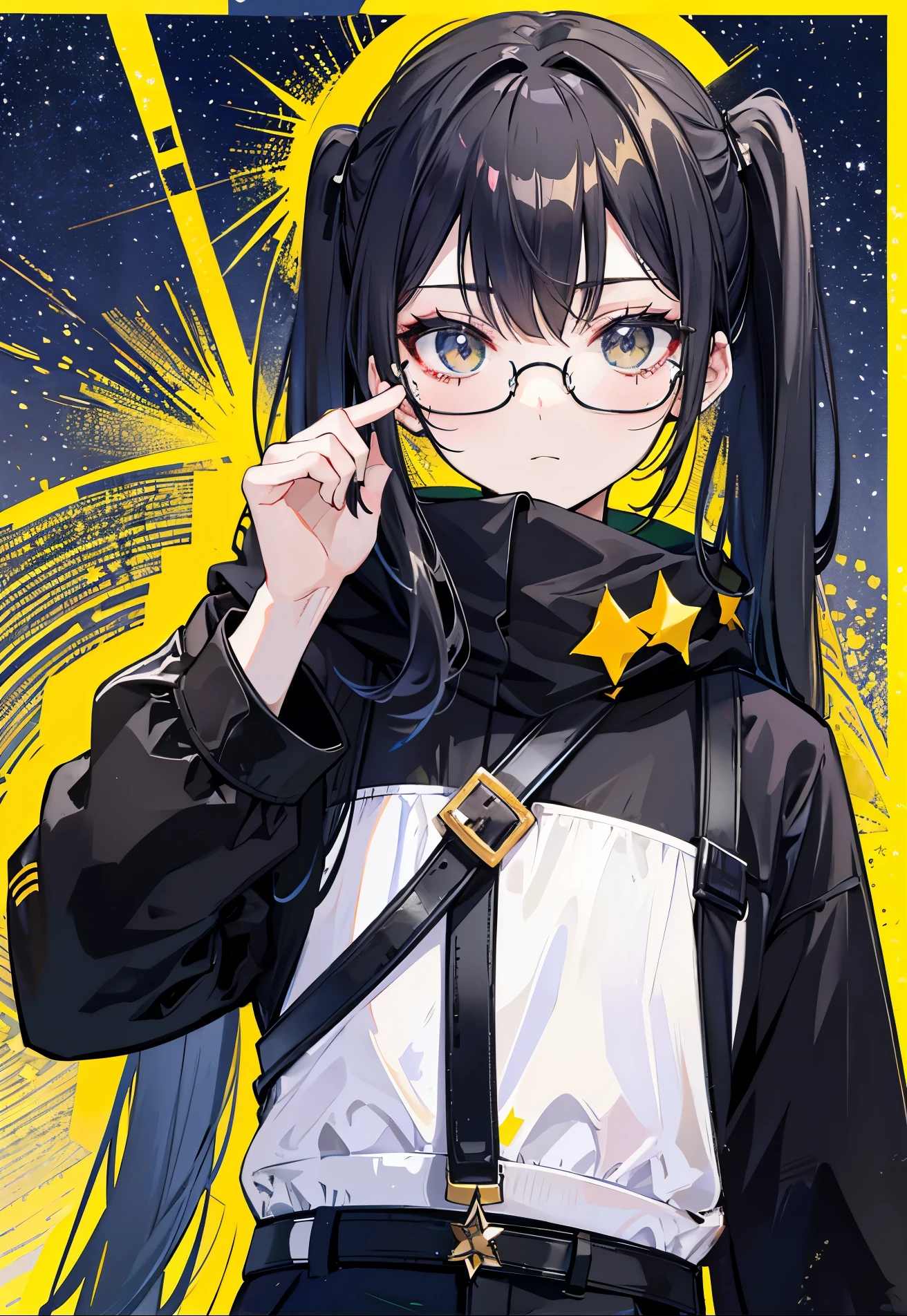 Dark yellow twin ponytails,Star decoration,Meteor decoration,With black glasses,There is a deceptive look in the eyes,Girl but very handsome,There is a sense of contempt in his eyes,黑黄的冲锋衣有着Star decoration