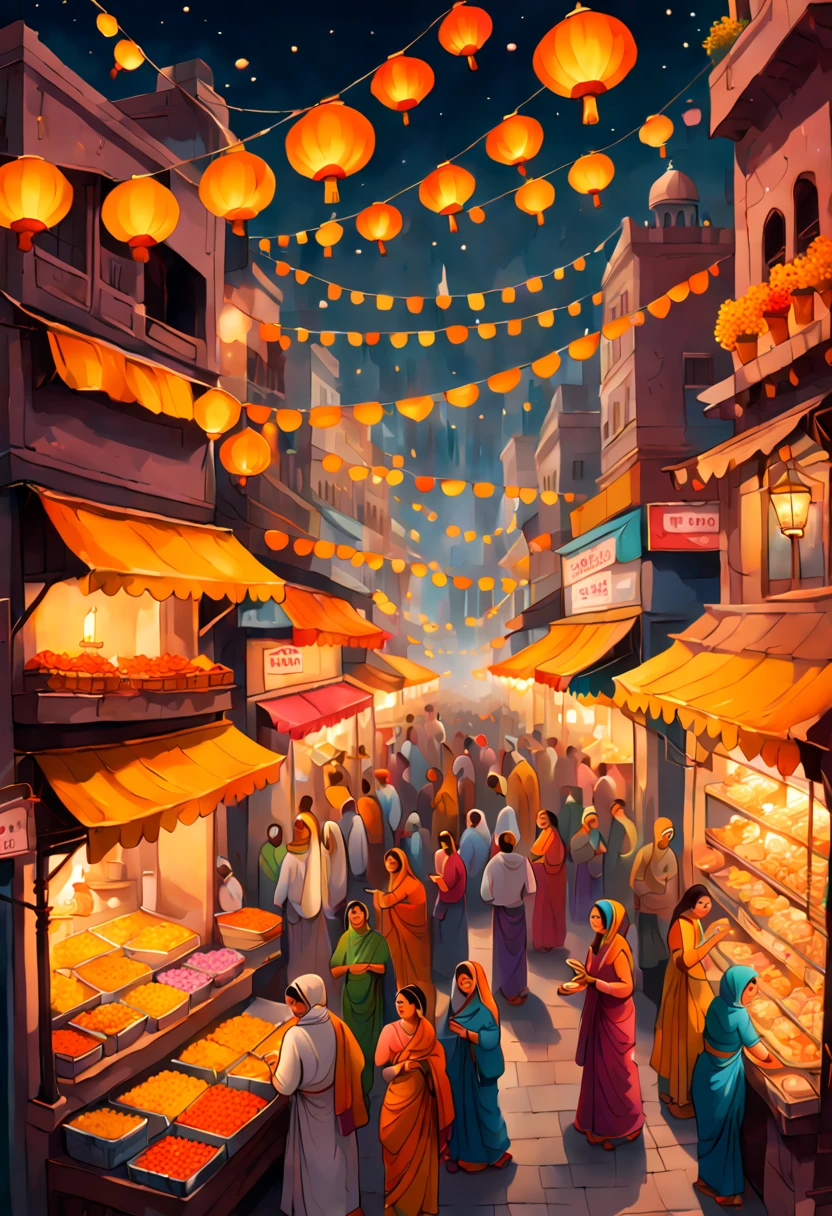 A vertical New Year's scroll painting in Indian miniature style featuring a crowded bazaar in old Delhi with vendors selling flowers and sweets for the Diwali festival. Women in colorful saris light oil lamps and hang marigold garlands as fireworks burst in the night sky.