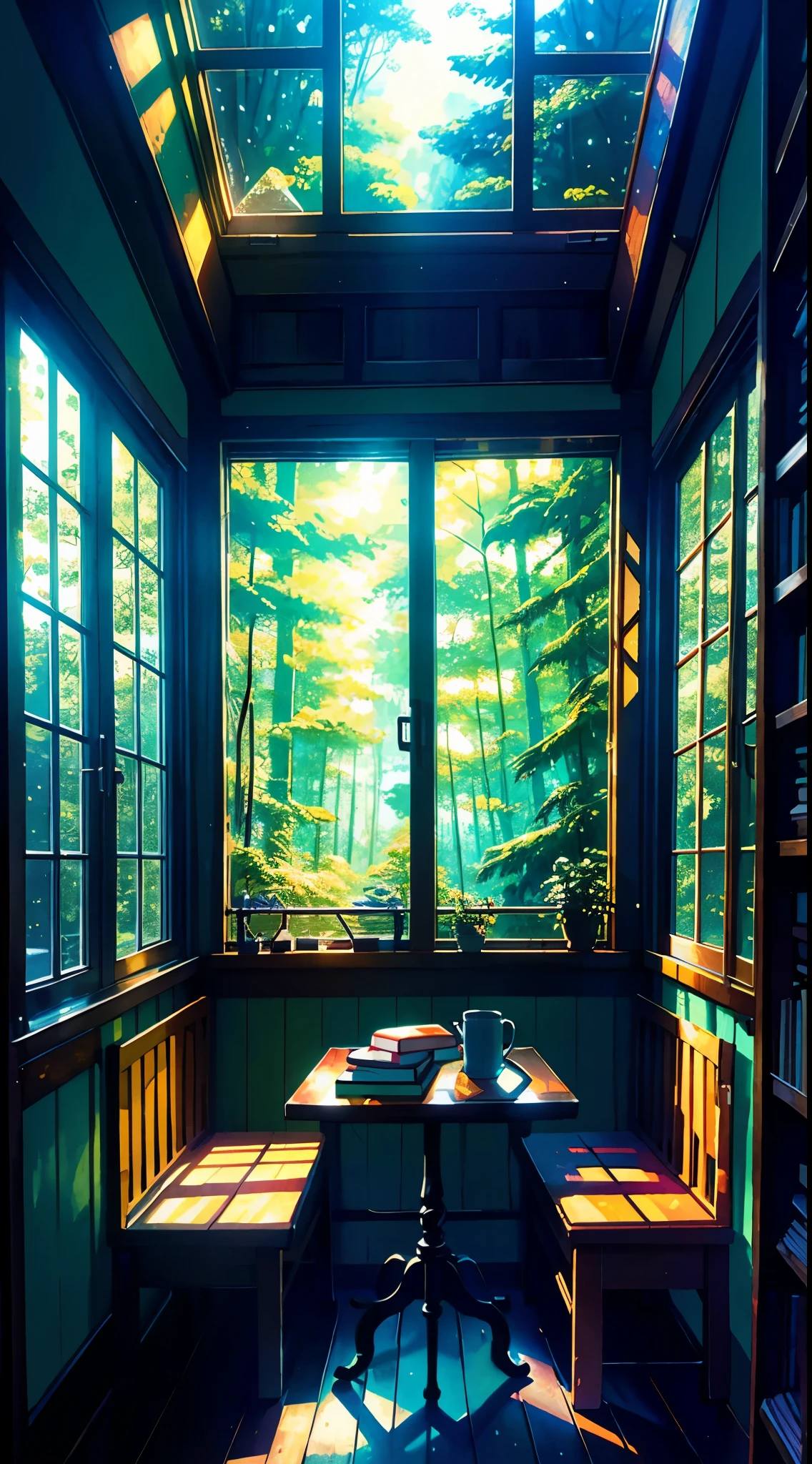Cozy room, table, bed, many books, paintings, view from the window of the forest, sea, happiness, full color, multicolored, artificial, highest detail, super quality, small details, glare, neon lights, masterpiece, illustration, daylight, huge room, huge windows, stained glass windows