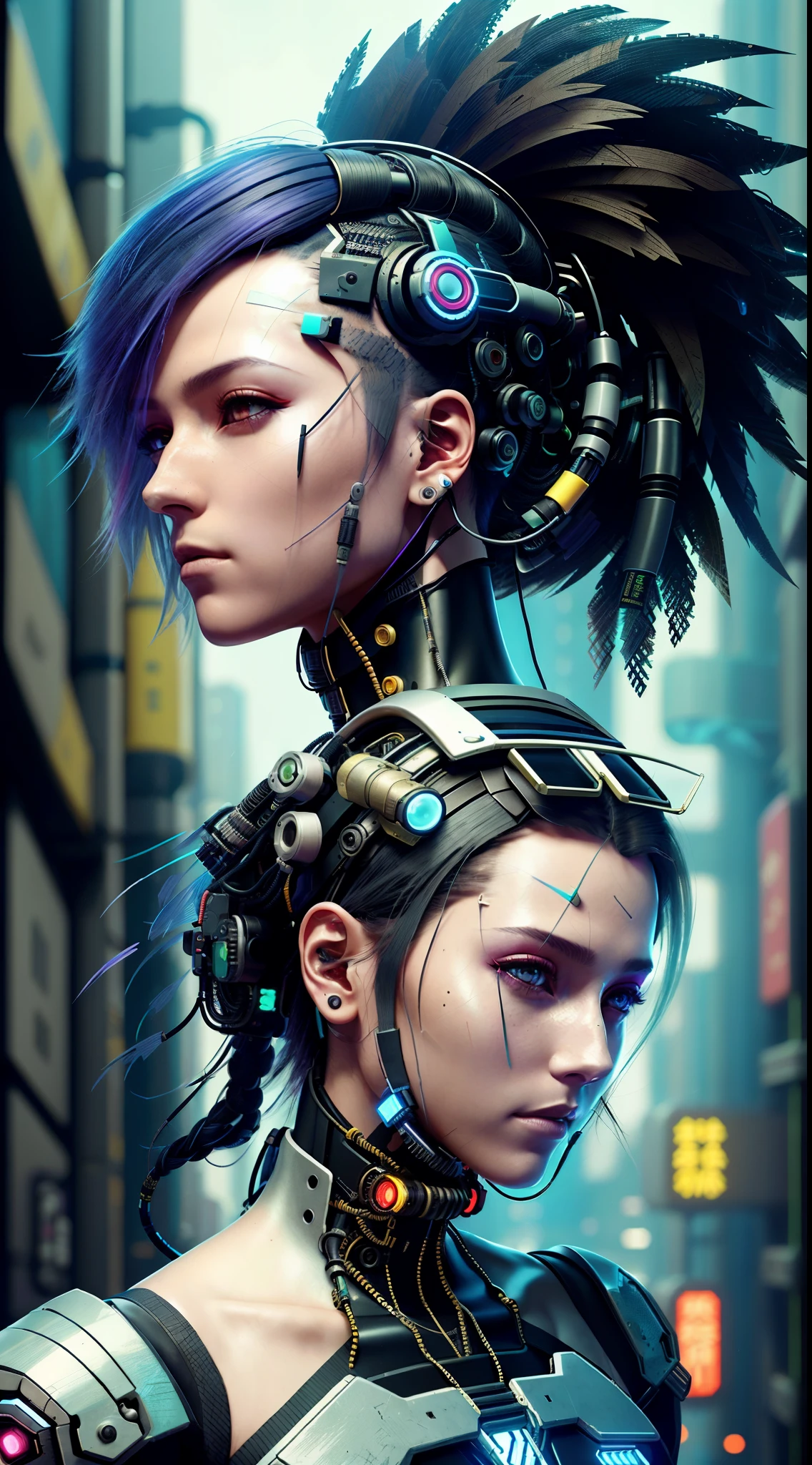 There was a woman wearing a headdress,has a camera on his head, 超リアルなcyber punk style, cyberpunk headset, Cyberpunk style , hyper realisitic, styled like ghost in the shell, ミュートされたcyber punk style, cyberpunk headdress, cyberpunk transhumanist, cyber punk style, portrait of a cyberpunk machine, Cyborg - Girl, Show on《cyberpunk 2077》Curly, enhanced cyborg,Have a microphone