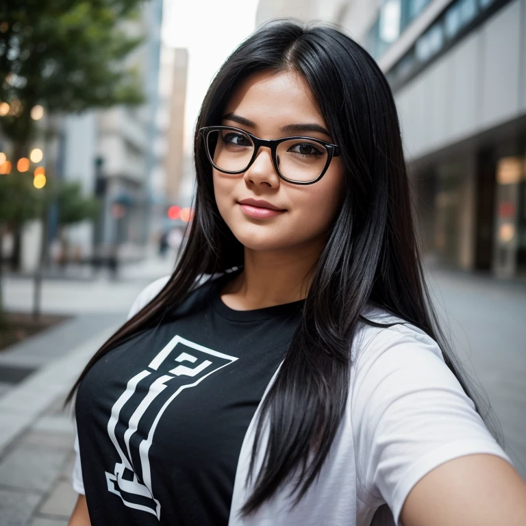 Generate images of a female character, aged 19 to 23, with a slightly overweight build, wearing rectangular glasses and a black hair AI-related stamped shirt/top. Ensure she displays expressions of excitement, surprise, and curiosity while maintaining a relatable, youthful, tech-savvy, and approachable appearance. Capture the ideal qualities for a dynamic and engaging female narrator avatar with a body type that reflects diversity and inclusivity, a bit over weight, in AI-related YouTube content.