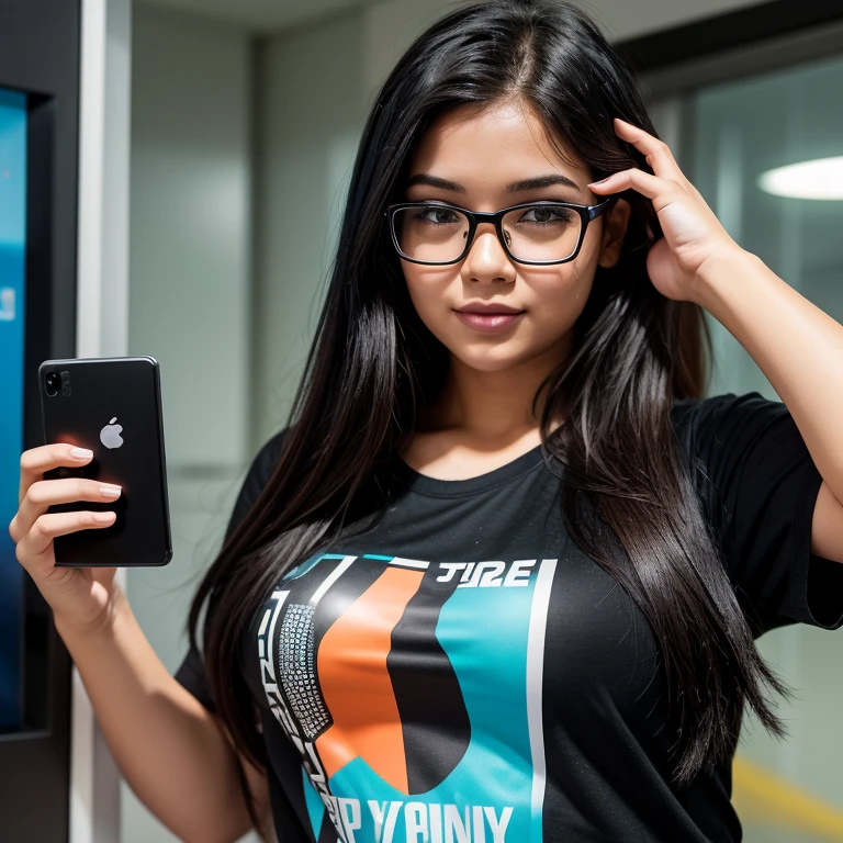 Generate images of a female character, aged 19 to 23, with a slightly overweight build, wearing rectangular glasses and a black hair AI-related stamped shirt/top. Ensure she displays expressions of excitement, surprise, and curiosity while maintaining a relatable, youthful, tech-savvy, and approachable appearance. Capture the ideal qualities for a dynamic and engaging female narrator avatar with a body type that reflects diversity and inclusivity, a bit over weight, in AI-related YouTube content.