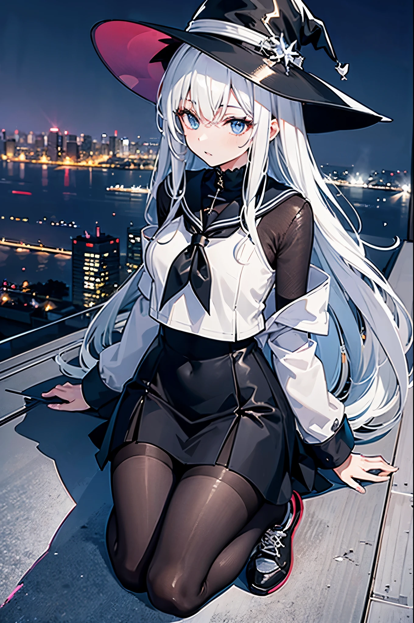 This is the rooftop of the tallest building in Tokyo.、You can look down on the city buildings from here.、It's night now、Woman wearing a large black witch hat with sapphire accessories、wearing a long black coat、She wears a sailor suit、she is wearing a checked skirt、knee-length black stockings、black running shoes with white laces、Short, pure white loose lob hair、small tits