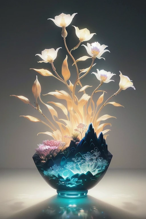 There is a vase on the table，There are flowers inside, mythical flower hill, Surreal Waiizi Flower, spinning glowing sea plants, glowing flower, glowing flower, Made from shiny wax and ceramic, Graphics of an enchanted terrarium, Glowing plants, I dream of a vase and flowers blooming, vases and vases, Light Bloom, Glowing plants, Glass flowers