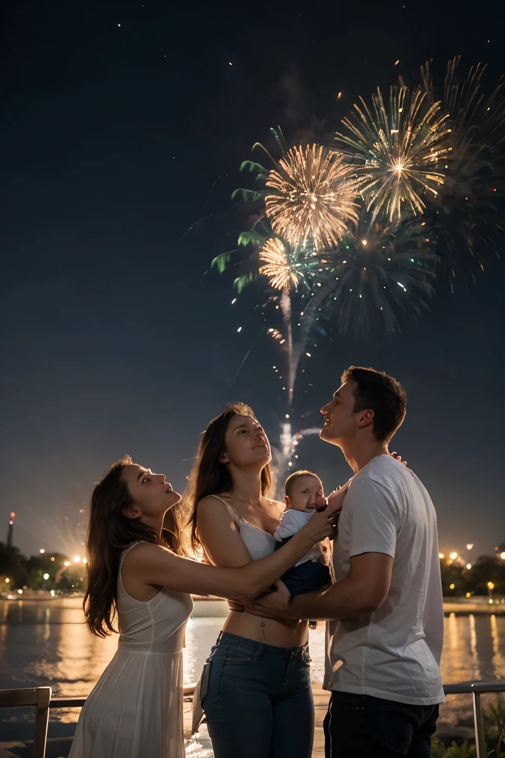 A family of four looking up at the fireworks show，Celebrate the arrival of 2024