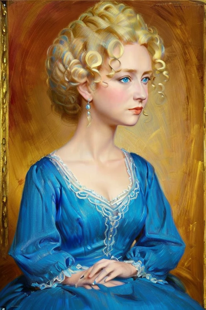 ((masterpiece)) ((best quality)) portrait of a girl with big blue eyes, curly blonde hair, wearing a blue dress in the style of Queen Victoria
