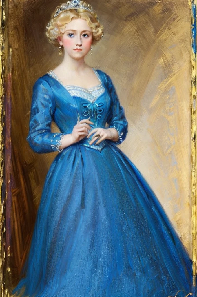 ((masterpiece)) ((best quality))  portrait of a girl with big blue eyes, curly blonde hair, wearing a blue dress in the style of Queen Victoria