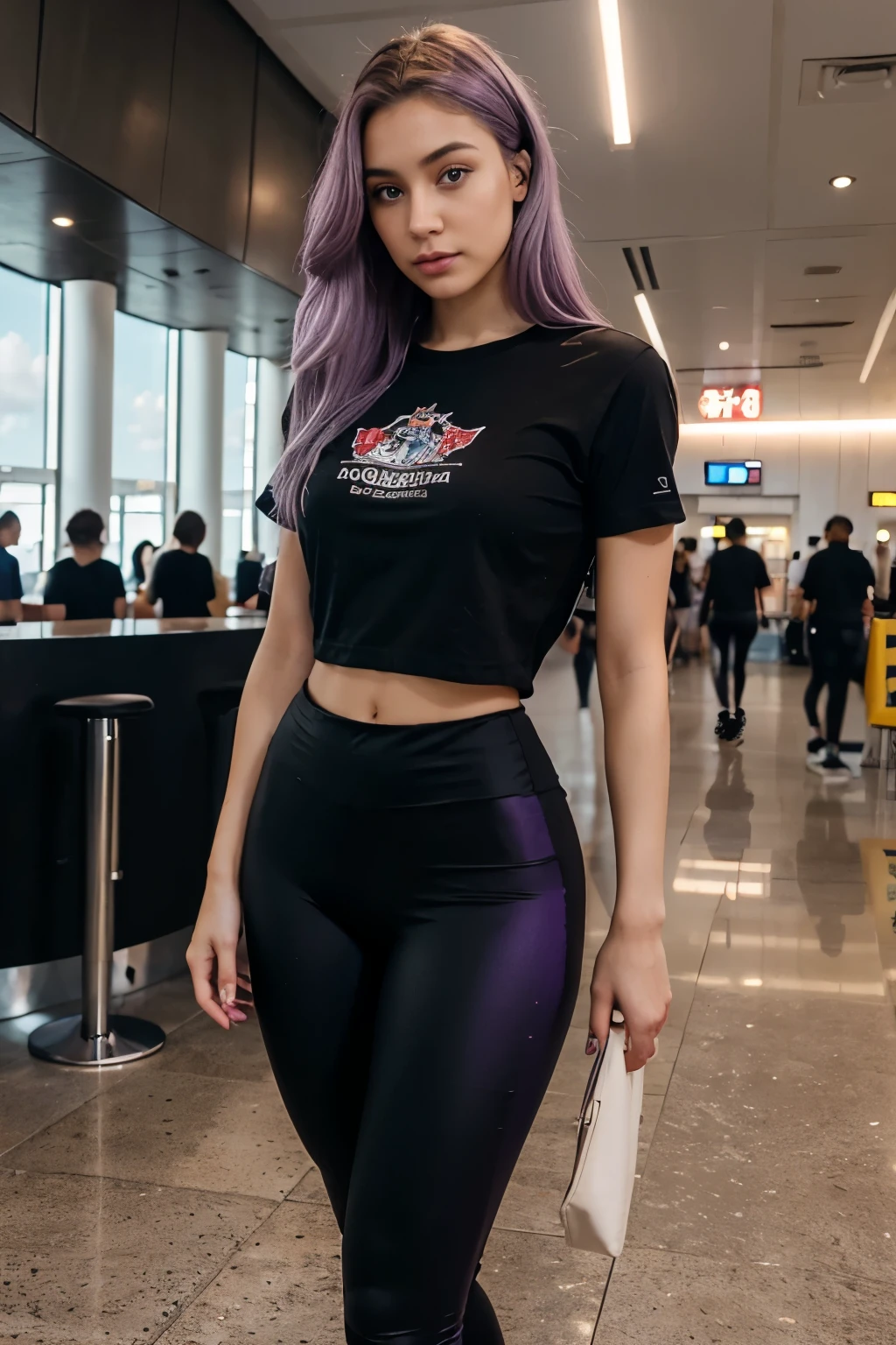 realistic photo of a beautiful natural russian woman 25yo with light purple hair, influencer, light skin face, light frekles, brown eyes, no makeup, instagram, Miami airport,black T-shirt and black legging and backpack, 8k
