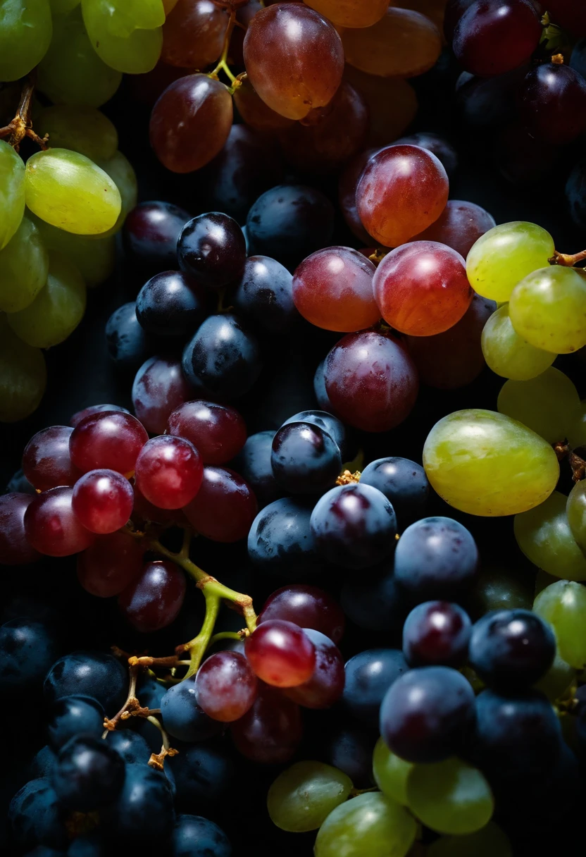 a top-down shot of a variety of grapes in different colors, arranged in a visually pleasing and appetizing composition.