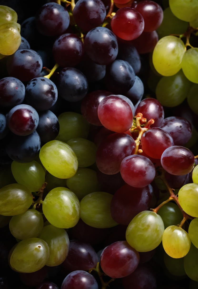 a top-down shot of a variety of grapes in different colors, arranged in a visually pleasing and appetizing composition.