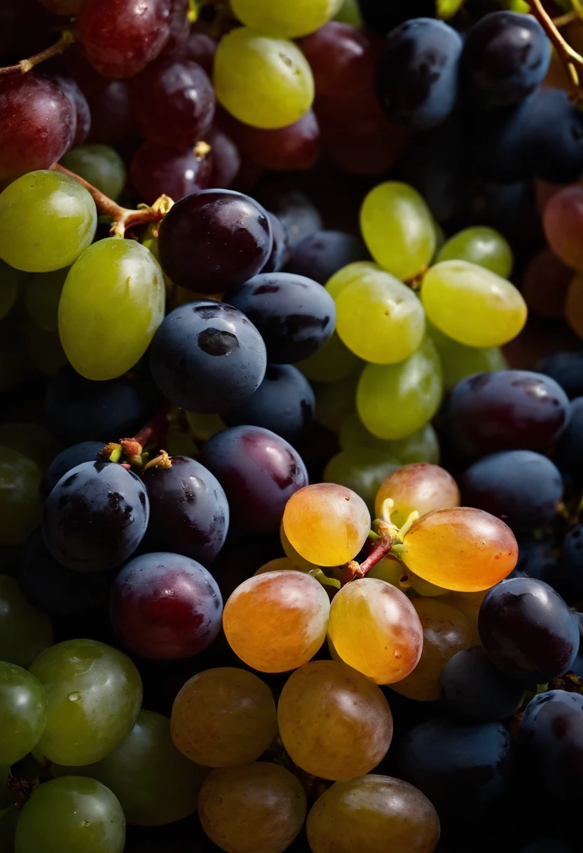 a top-down shot of a variety of grapes in different colors, arranged in a visually pleasing and appetizing composition.