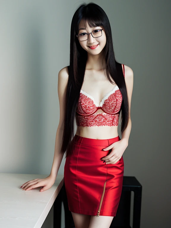 asian, glasses, small breasts, red bra, smile, sexy pencil skirt, long straight hair, long legs,